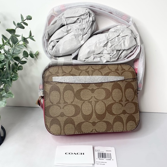 Coach Mini Camera Crossbody Bag In Signature Canvas  Khaki Fushia Pink - Picture 8 of 11